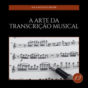 Capa de aula online com fundo preto elegante e estética clássica sofisticada. No topo, faixa horizontal em tom marrom-avermelhado com a frase "AULA AVULSA E ONLINE". Ao centro, o título "TRANSCRIÇÕES — RECRIAÇÕES MUSICAIS" em tipografia serifada branca, refinada e imponente. Na metade inferior, composição artística com partitura musical antiga sobreposta a um piano de cauda e diferentes instrumentos clássicos (violino, clarinete e piano), simbolizando recriação e transformação musical. Elementos visuais sugerem movimento e reinvenção da música ao longo do tempo. Atmosfera intelectual, elegante e inspiradora. No canto inferior direito, selo circular marrom-avermelhado com as iniciais "LJ" em branco, seguindo a identidade visual dos Encontros de Música Clássica com Liana Justus.