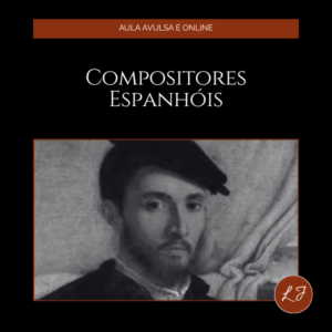 Capa de aula online com fundo preto e estética clássica, elegante e minimalista. No topo, há uma faixa horizontal em tom marrom-avermelhado com a frase “AULA AVULSA E ONLINE” centralizada em letras claras. A composição central é dominada pelo título “COMPOSITORES ESPANHÓIS”, apresentado em fonte serifada branca, grande e sofisticada, distribuída em duas linhas. A tipografia reforça o tom acadêmico, musical e refinado da aula. Logo abaixo do título, há uma imagem em preto e branco, enquadrada por uma borda fina em tom escuro. A fotografia mostra o retrato de um homem de aparência histórica, com expressão séria e contemplativa, usando chapéu escuro e roupa de época. O fundo da imagem é claro e neutro, com tecido ou cortina ao lado, o que destaca ainda mais o rosto e a postura do retratado. A escolha dessa imagem sugere uma ligação com a tradição musical espanhola e com compositores históricos, transmitindo a ideia de patrimônio cultural, memória artística e referência ao repertório clássico ibérico. No canto inferior direito da imagem principal, aparece um selo circular marrom-avermelhado com as iniciais “LJ” em branco, funcionando como marca visual da autora ou produtora do conteúdo. O conjunto transmite sofisticação, sobriedade e identidade cultural, unindo história da música, arte visual e design editorial limpo. O contraste entre o fundo escuro, o título em branco e a foto em preto e branco cria uma apresentação elegante e muito adequada a uma aula online sobre compositores espanhóis e música clássica.