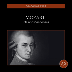 Capa de aula online com fundo preto, estética clássica e elegante. No topo, faixa horizontal em tom marrom-avermelhado com a frase "AULA AVULSA E ONLINE" centralizada em letras claras. Abaixo, o título principal "MOZART — OS ANOS VIENENSES" em fonte serifada branca, grande e sofisticada, seguido do subtítulo em itálico branco. Na metade inferior, fotografia histórica em preto e branco relacionada ao tema da aula, emoldurada por borda fina escura. A imagem transmite a atmosfera e o universo musical do tema abordado — elegante, cultural e atemporal. No canto inferior direito, o selo circular marrom-avermelhado com as iniciais "LJ" em branco, assinatura da marca Liana Justus. O conjunto une identidade visual refinada, tipografia clássica e fotografia histórica, consistente com a proposta do projeto Encontros de Música Clássica com Liana Justus.
