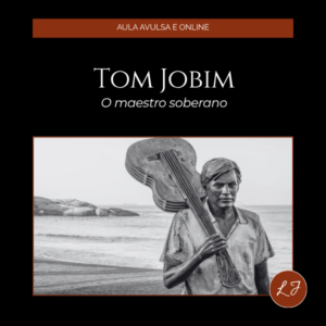 Capa de aula online com fundo preto, estética clássica e elegante. No topo, faixa horizontal em tom marrom-avermelhado com a frase "AULA AVULSA E ONLINE" centralizada em letras claras. Abaixo, o título principal "TOM JOBIM — O MAESTRO SOBERANO" em fonte serifada branca, grande e sofisticada. Na metade inferior, fotografia histórica em preto e branco de Tom Jobim ao piano ou em momento de criação musical, emoldurada por borda fina escura. A imagem transmite a atmosfera refinada da Bossa Nova e da música brasileira do século XX, evocando sofisticação, sensibilidade e modernidade. No canto inferior direito, o selo circular marrom-avermelhado com as iniciais "LJ" em branco, assinatura da marca Liana Justus. O conjunto une identidade visual refinada, tipografia clássica e fotografia histórica, consistente com a proposta do projeto Encontros de Música Clássica com Liana Justus.