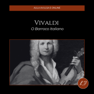 Capa de aula online com fundo preto e estética clássica, elegante e minimalista. No topo, há uma faixa horizontal em tom marrom-avermelhado com a frase “AULA AVULSA E ONLINE” centralizada em letras claras. Abaixo, no centro superior da composição, aparece o título principal “VIVALDI”, em fonte serifada branca, grande e sofisticada, seguido do subtítulo “O Barroco Italiano” em itálico branco, menor e delicado. O conjunto tipográfico transmite imediatamente a ideia de uma aula sobre música clássica, repertório barroco e um dos grandes compositores italianos da história. Na metade inferior da imagem, há uma fotografia em preto e branco de Antonio Vivaldi, emoldurada por uma borda fina escura. O compositor aparece segurando um violino, com expressão serena e postura formal, usando peruca clara de época e roupas que remetem ao ambiente barroco. O violino está visível em primeiro plano, reforçando sua identidade como compositor e violinista. O retrato destaca a elegância, a solenidade e a importância histórica de Vivaldi no desenvolvimento da música instrumental e do concerto barroco. No canto inferior direito da imagem principal, aparece um selo circular marrom-avermelhado com as iniciais “LJ” em branco, funcionando como assinatura visual da marca. A composição como um todo comunica refinamento, tradição e autoridade musical, unindo fotografia histórica, design limpo e identidade clássica. O contraste entre o fundo preto, o título branco e o retrato em preto e branco cria uma peça visual harmônica e muito apropriada para uma aula online sobre Vivaldi e o Barroco italiano.